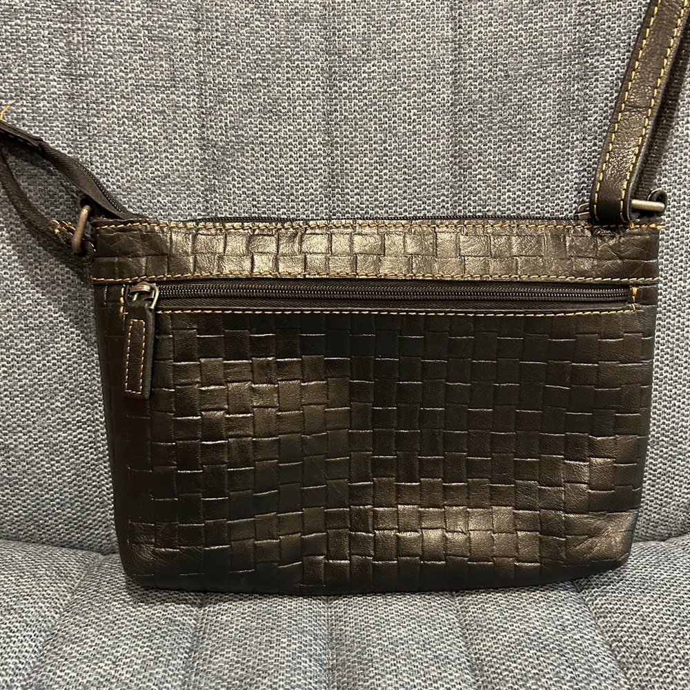JACK GEORGES Hand -Stained Buffalo Black Leather With Woven Emboss Crossbody Bag